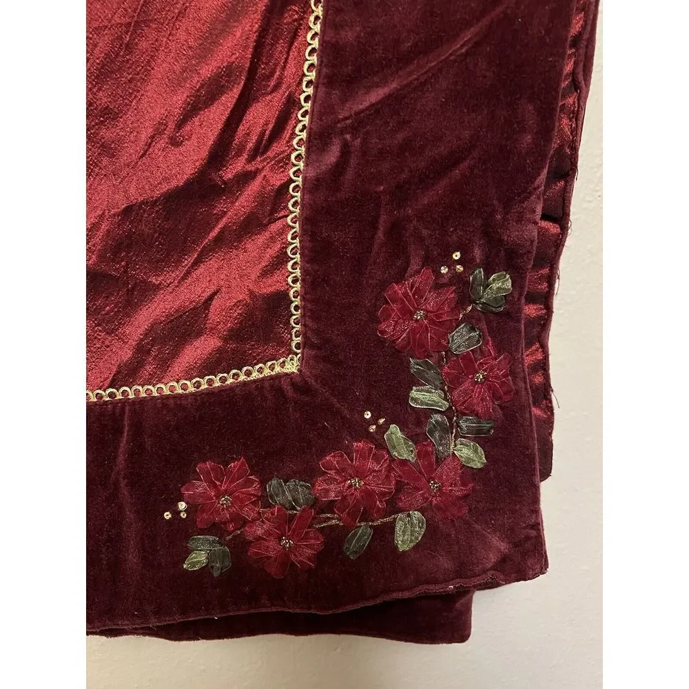 Red Velvet Christmas‎ Tablecloth w/Gold Accents and Floral Embroidery 60